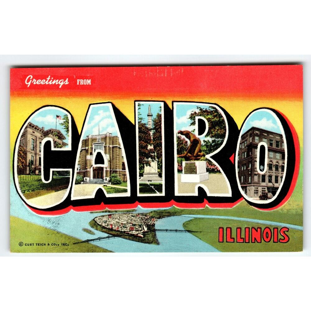 Greetings From Cairo Illinois Large Letter Postcard Linen Curt Teich Vintage